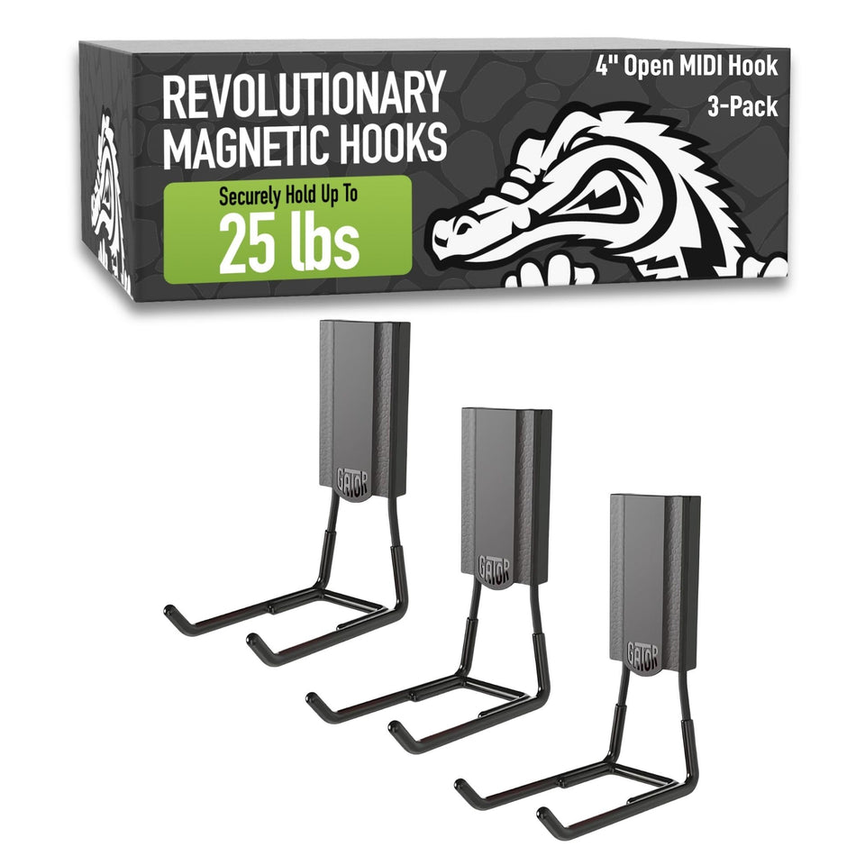 Gator Magnetics MIDI 4in open hooks in use delivering secure tool storage on steel surfaces.