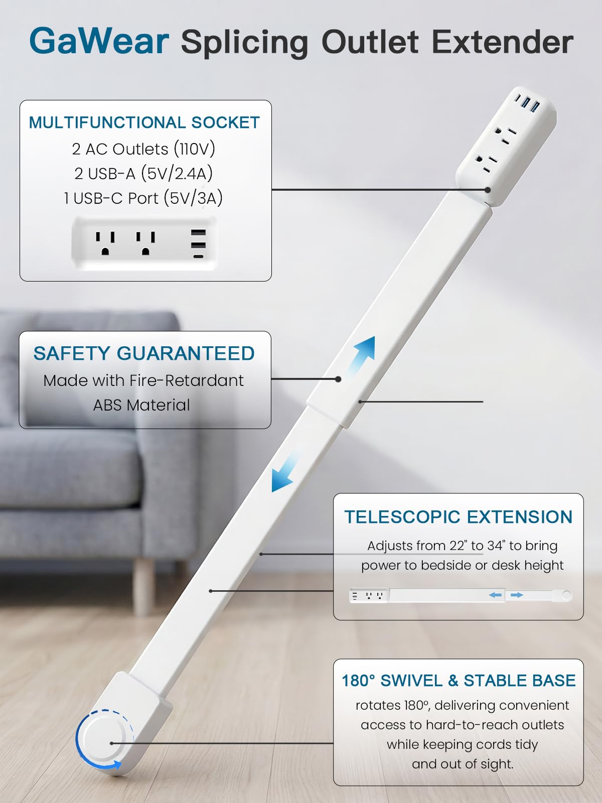 GaWear outlet extender showing USB-A and USB-C ports for multi-device charging.