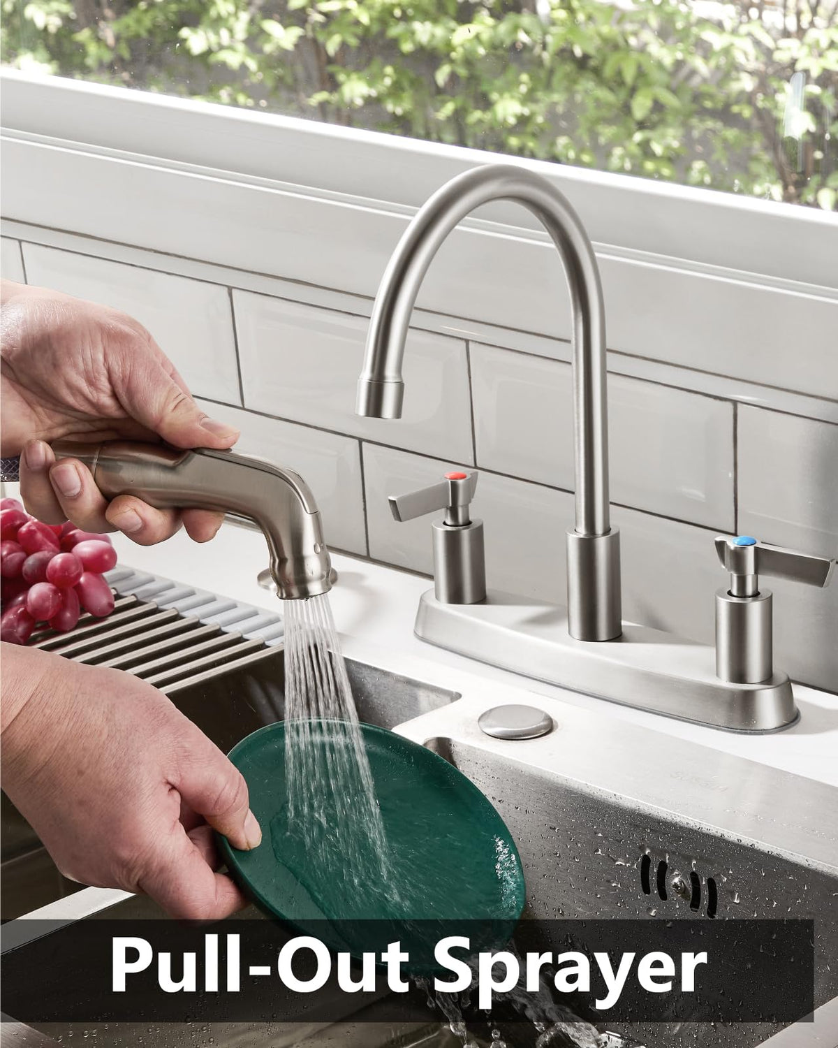 GBBNE pull-out sprayer reaches 47 inches for easy sink cleaning and flexible reach