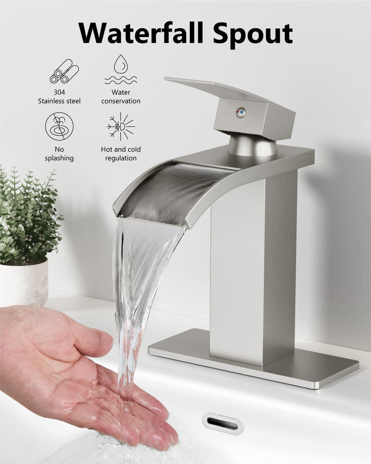 GBBNE waterfall faucet shown with deck plate for versatile sink configurations