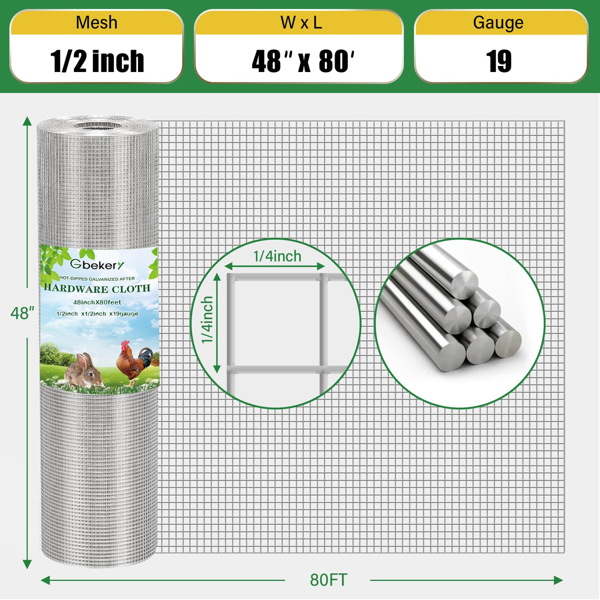 Gbekery galvanized mesh offers sturdy 48-inch width for fences and coops.