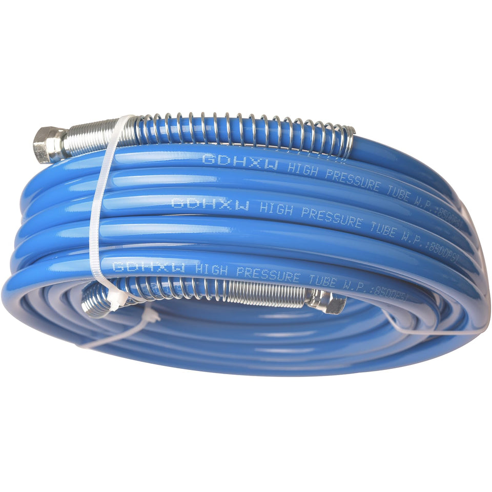 GDHXW 50ft airless hose coiled for easy storage and quick setup.