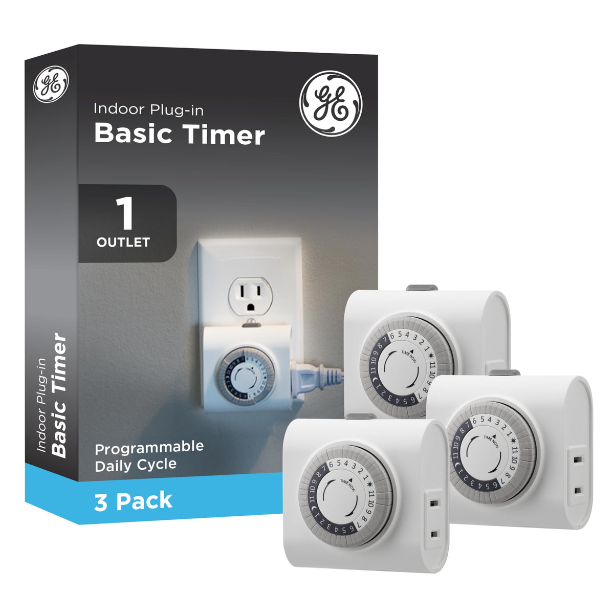 GE 24-Hour timer dial face for simple daily scheduling of lamps.