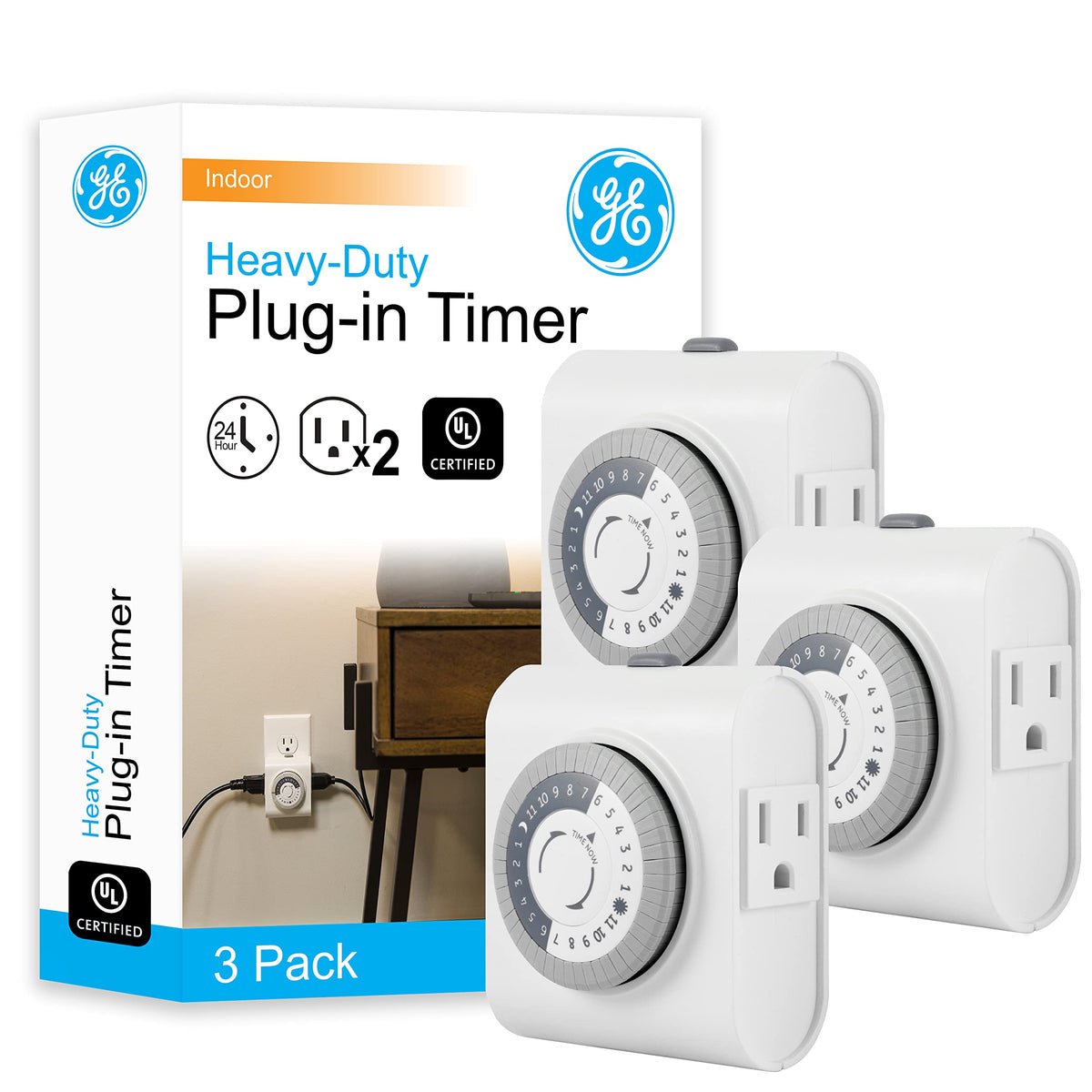 GE 24-Hour timer with dual outlets for indoor lighting control.