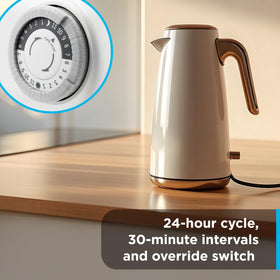 GE 24-Hour timer polarized outlet automates two-prong devices indoors.