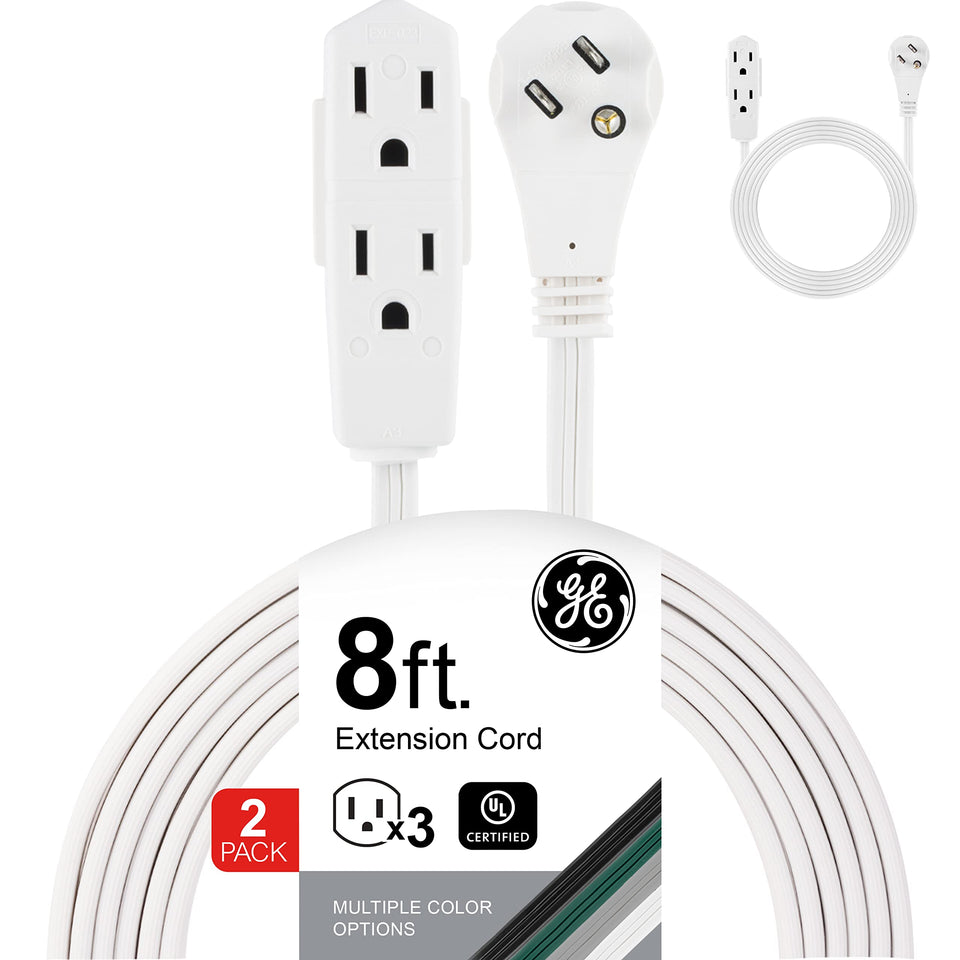 GE 3-outlet extension cord with 8 ft length and flat plug for wall space