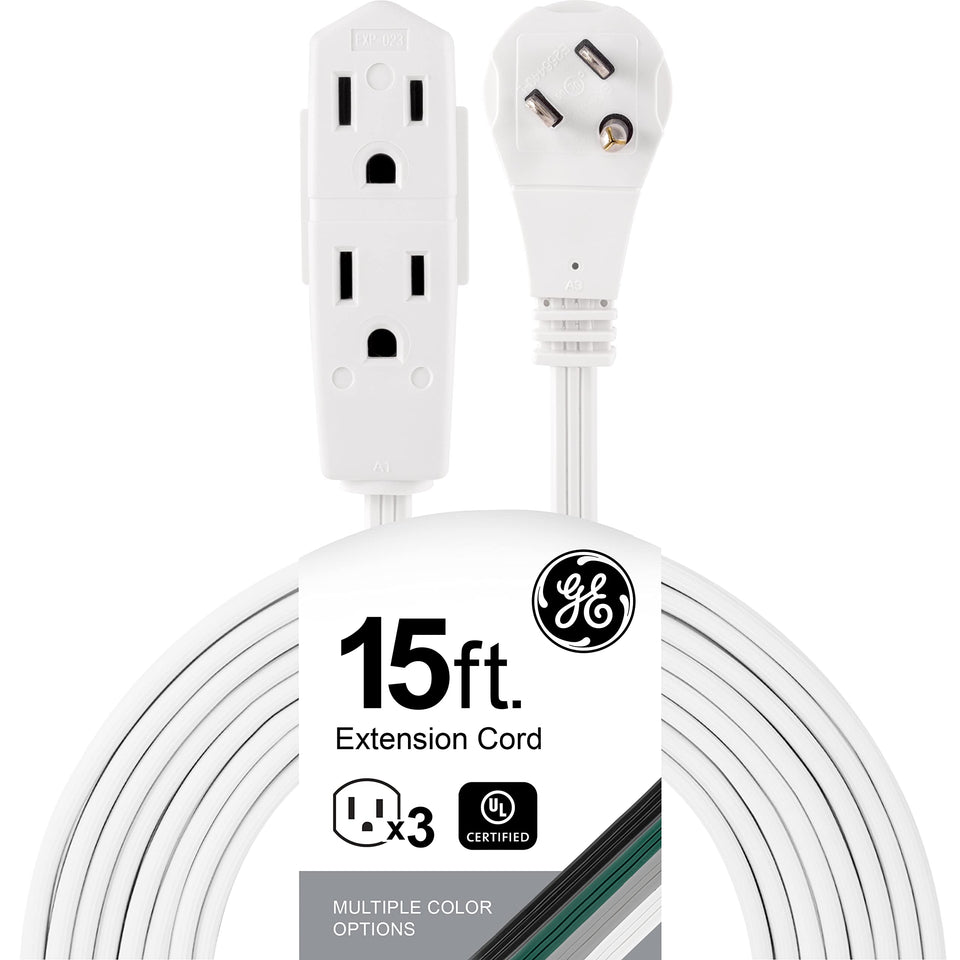 GE 3-outlet extension cord with 15ft reach for organized home office.