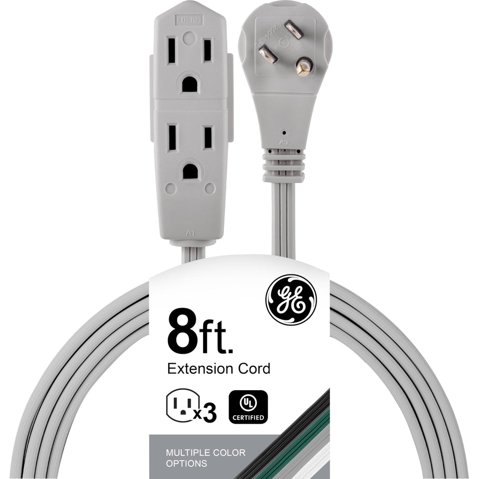 GE 3-outlet flat extension cord with right-angle plug for clutter-free desks.