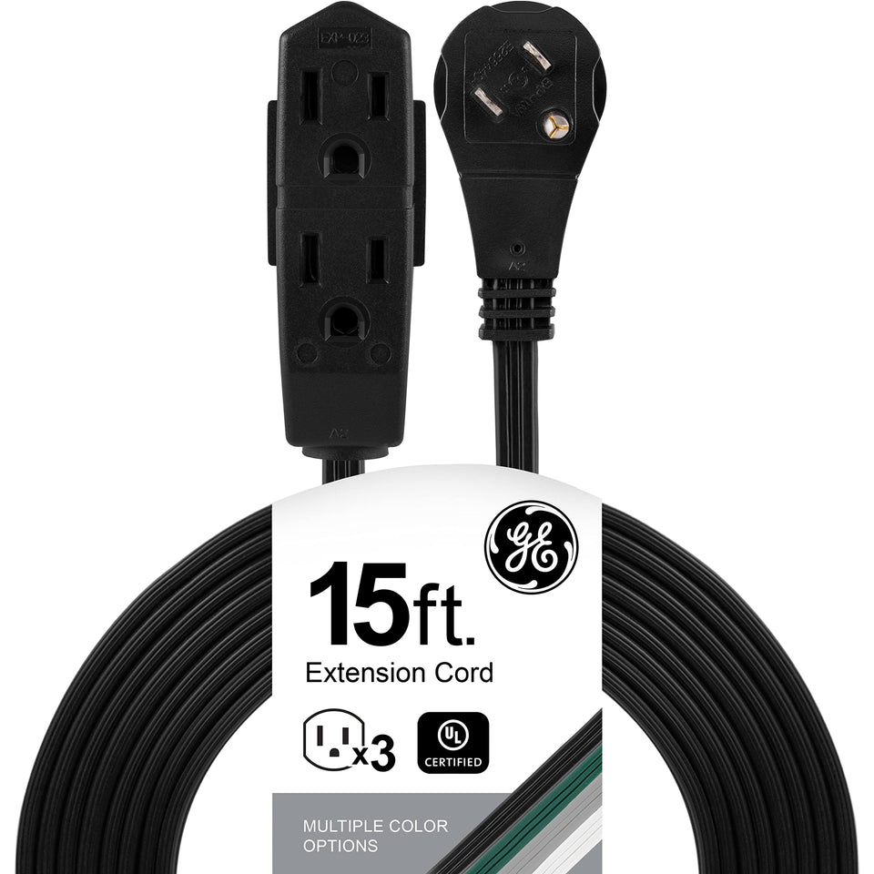 GE 56987 extension cord with 15-foot reach and flat plug for wall clearance.