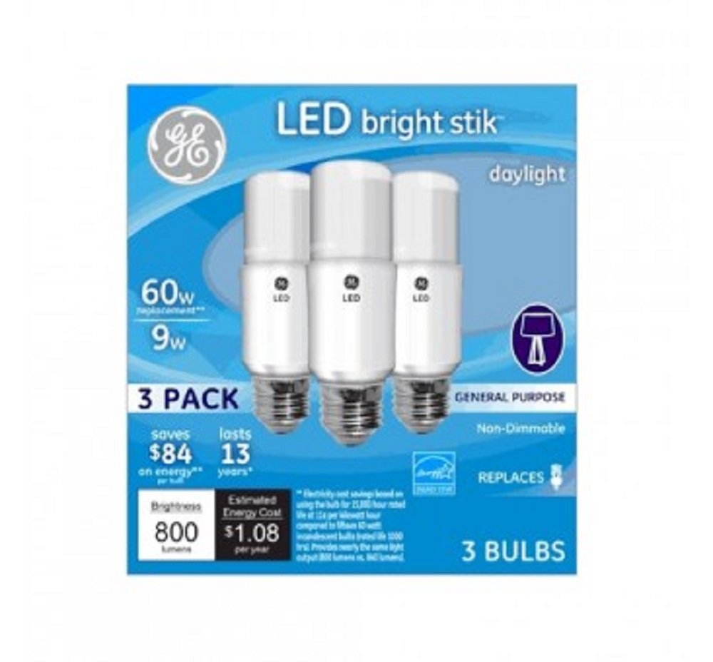 GE 63592 Bright Stik daylight 5000K, 800 lumens, ideal for kitchens and workshops.