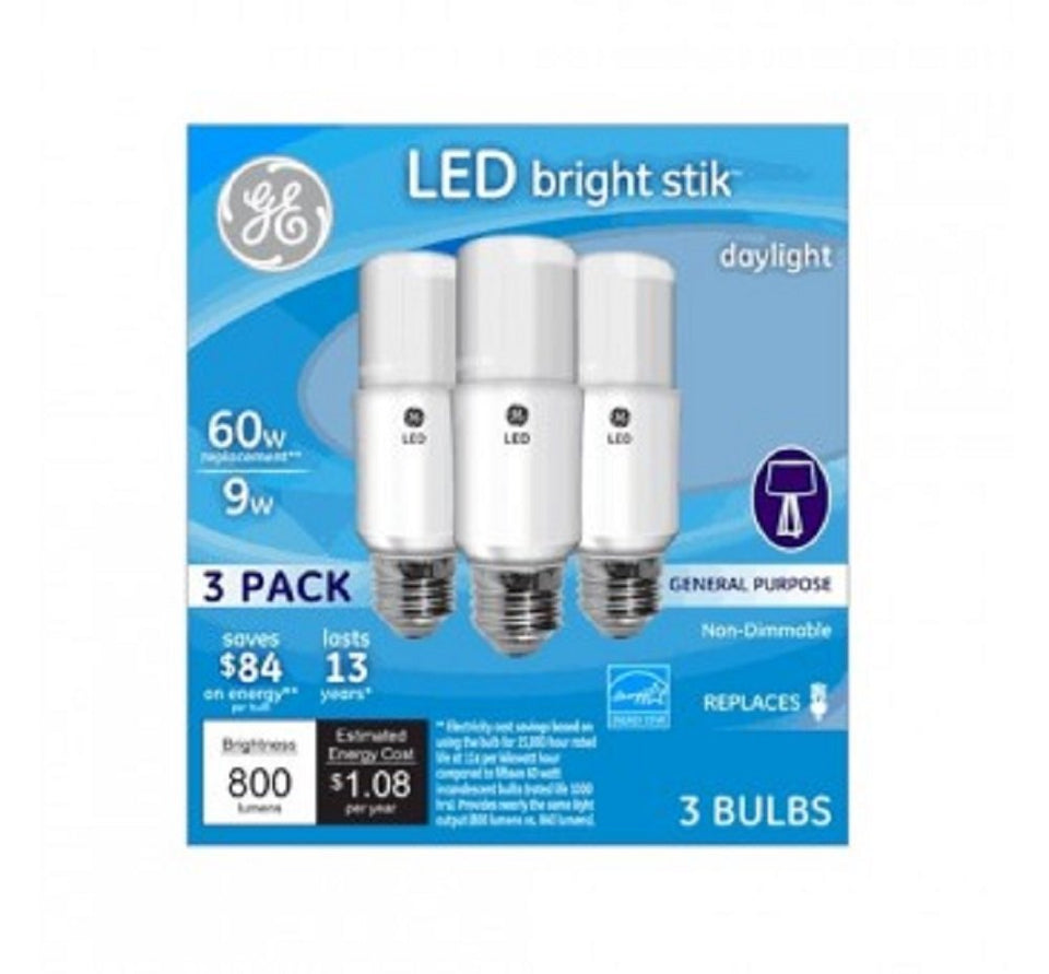 GE 63592 Bright Stik daylight 5000K, 800 lumens, ideal for kitchens and workshops.