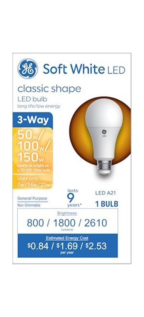 GE Basic LED 1-pack packaging highlights long life and efficiency.