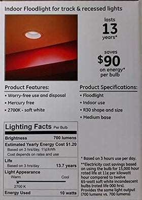 GE BR30 soft white 10W bulb with 650 lumens provides warm ambience and dimmable control.