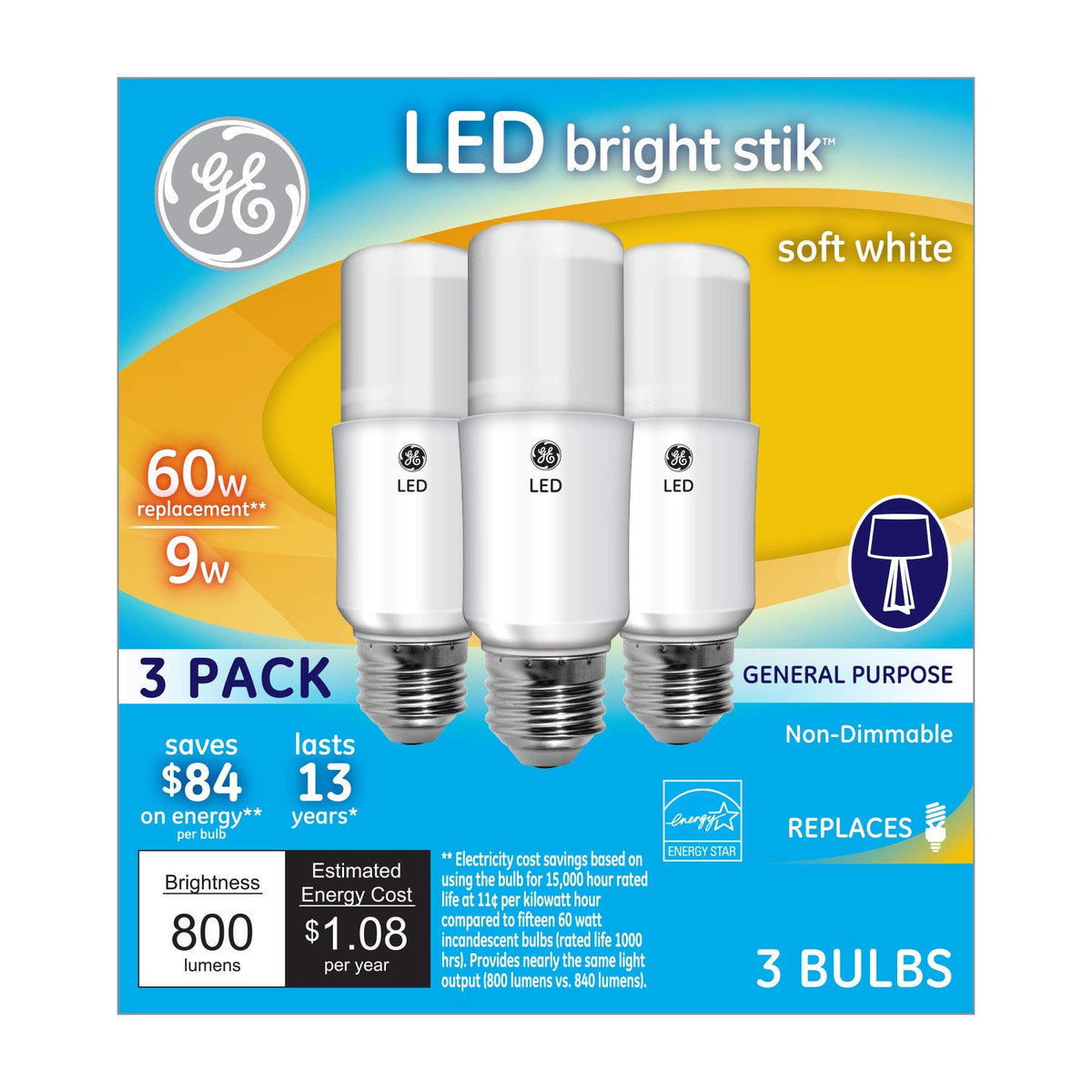 GE Bright Stik bulb in fixture demonstrates sleek cylindrical design for versatile lamps.