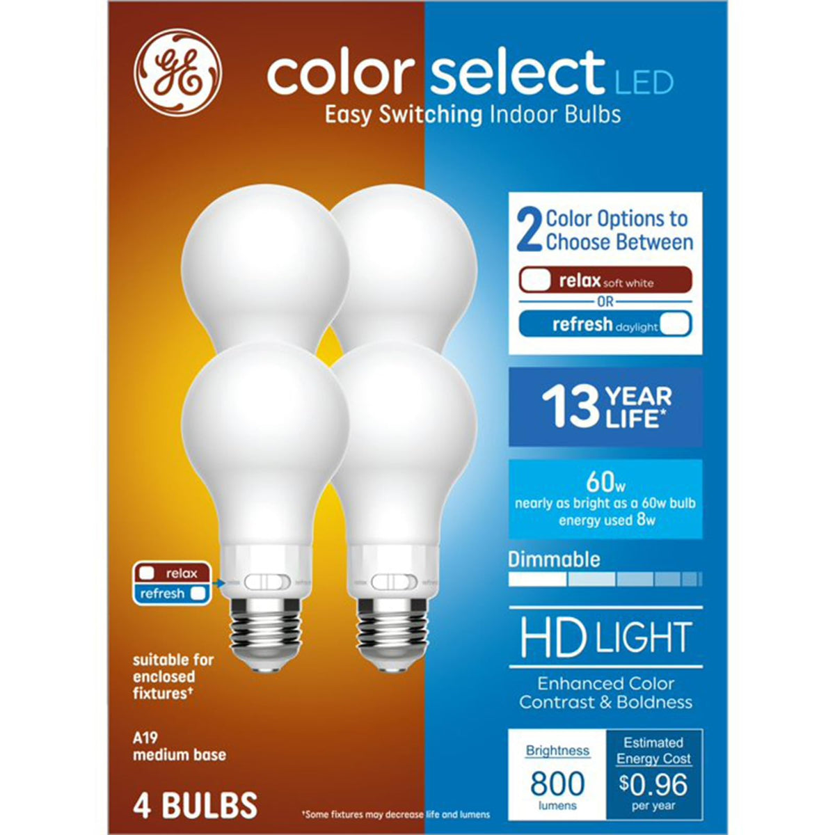 GE Color Select A19 LED bulb with soft white and daylight options for mood control.