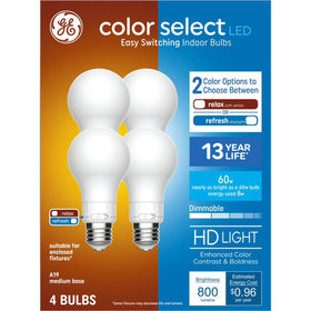 GE Color Select A19 LED bulb with soft white and daylight options for mood control.