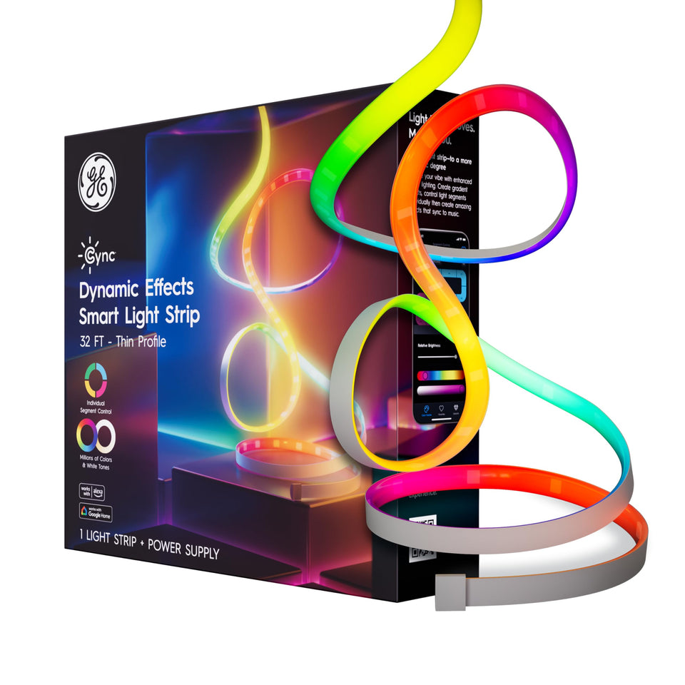 GE Cync dynamic effects light strip synced to music for immersive parties.