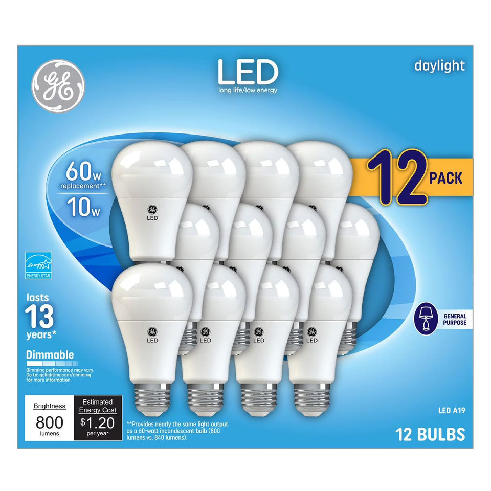 GE Daylight LED 12-pack packaging image highlighting energy efficiency and long life.