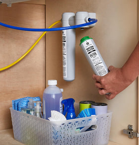 GE twist-lock replacement shown for easy, mess-free filter changes