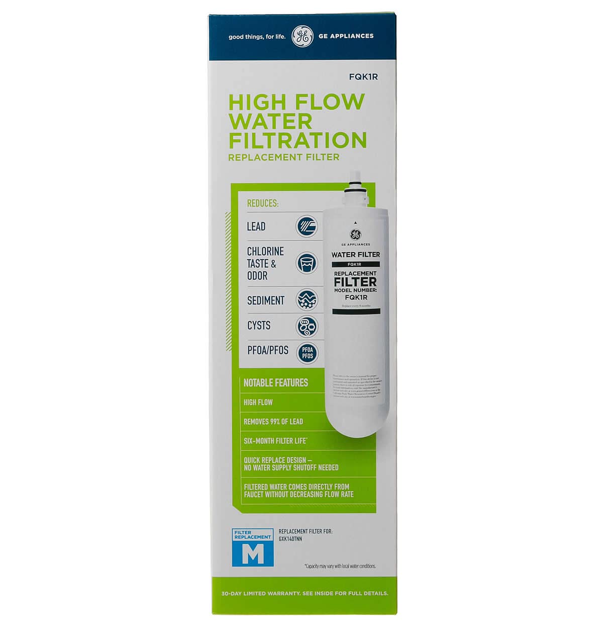 GE FQK1R under-sink filter reduces lead and chlorine at the main faucet.