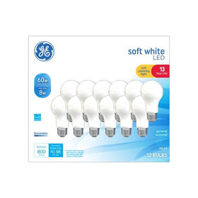 GE LED 8W soft white A19 bulb with frosted finish for cozy living spaces.