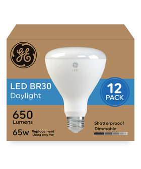 GE BR30 daylight LED bulbs 12-pack for energy-efficient indoor flood lighting