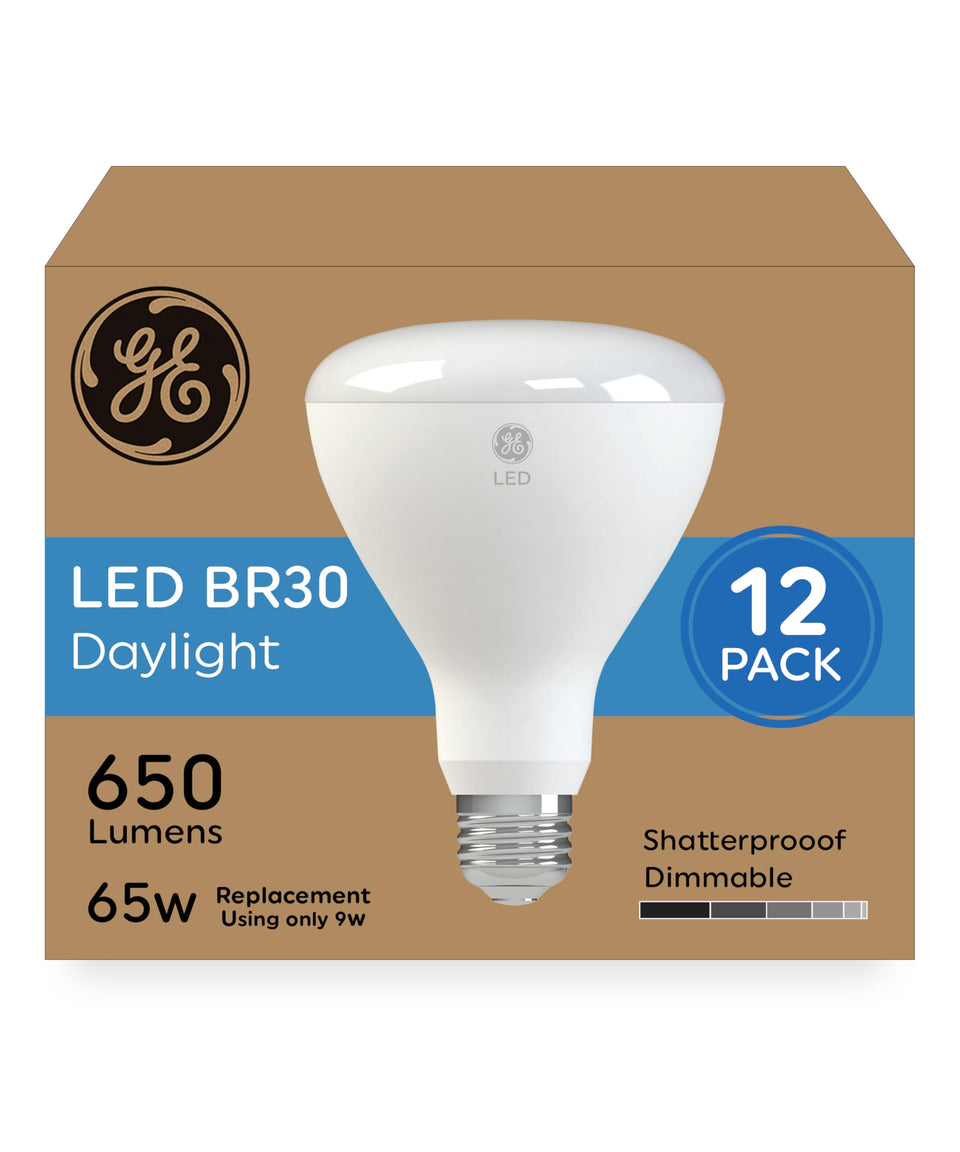 GE BR30 daylight LED bulbs 12-pack for energy-efficient indoor flood lighting