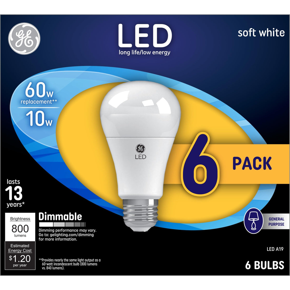 GE LED light bulbs 60W-equivalent with 800 lumens, instant brightness for busy spaces.