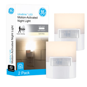 GE LED motion sensor night light with motion detection up to 25 feet for safe nighttime navigation.