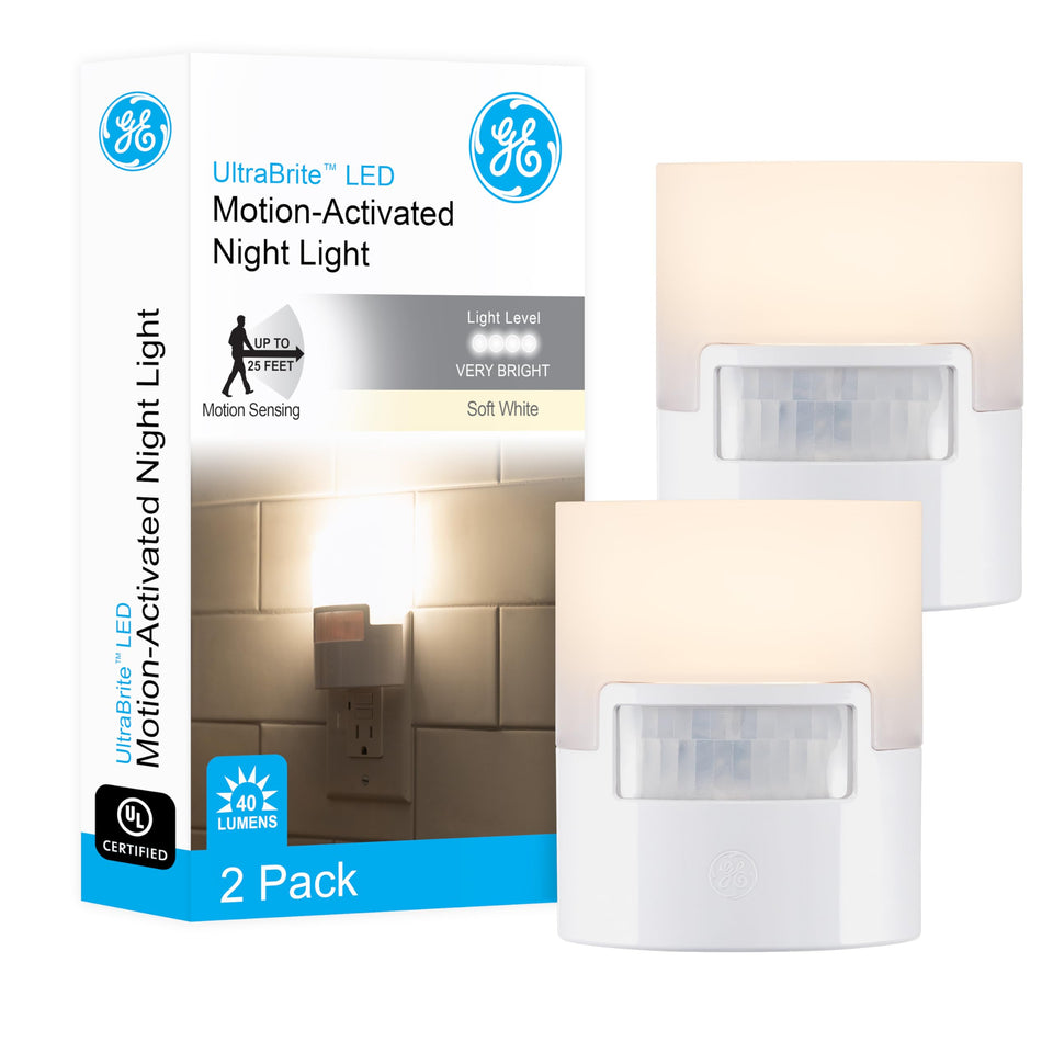GE LED motion sensor night light with motion detection up to 25 feet for safe nighttime navigation.
