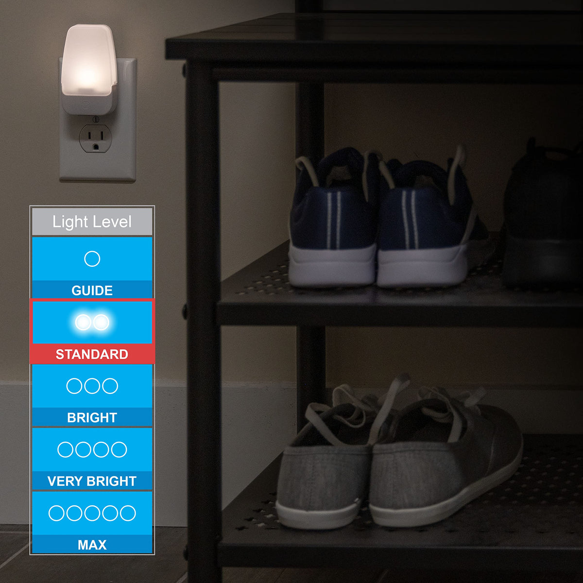 GE LED night light compact design fits fully in outlet while leaving space.
