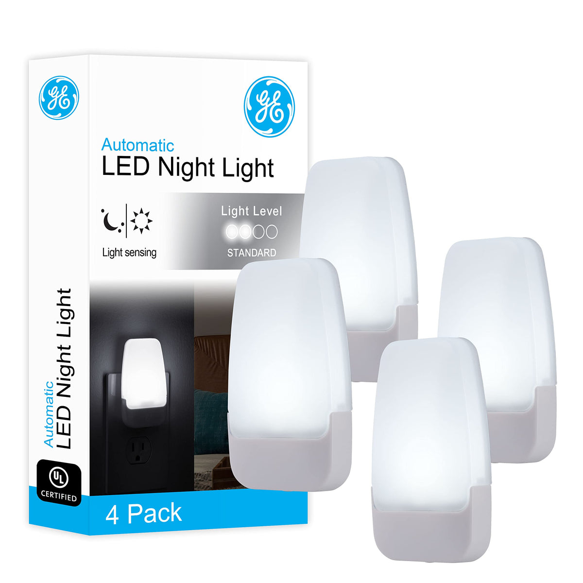 GE LED night light with dusk-to-dawn sensor illuminating hallways at dusk