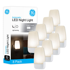 GE LED night light with dusk-to-dawn sensor for automatic room illumination.