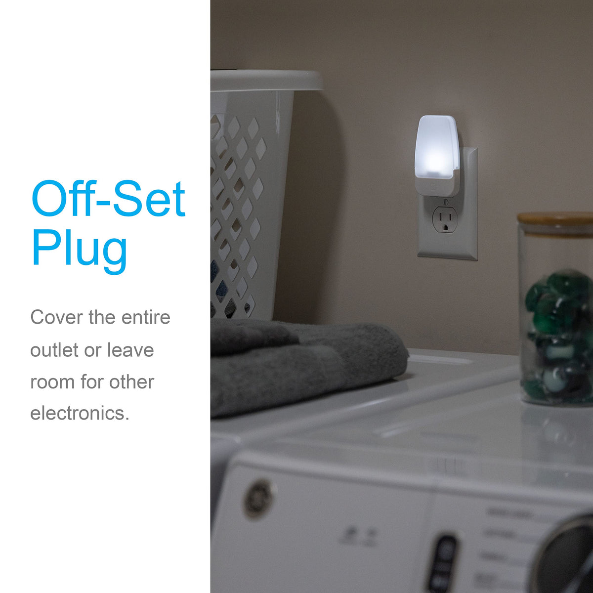 GE night light plugged into wall showing sleek glossy white finish