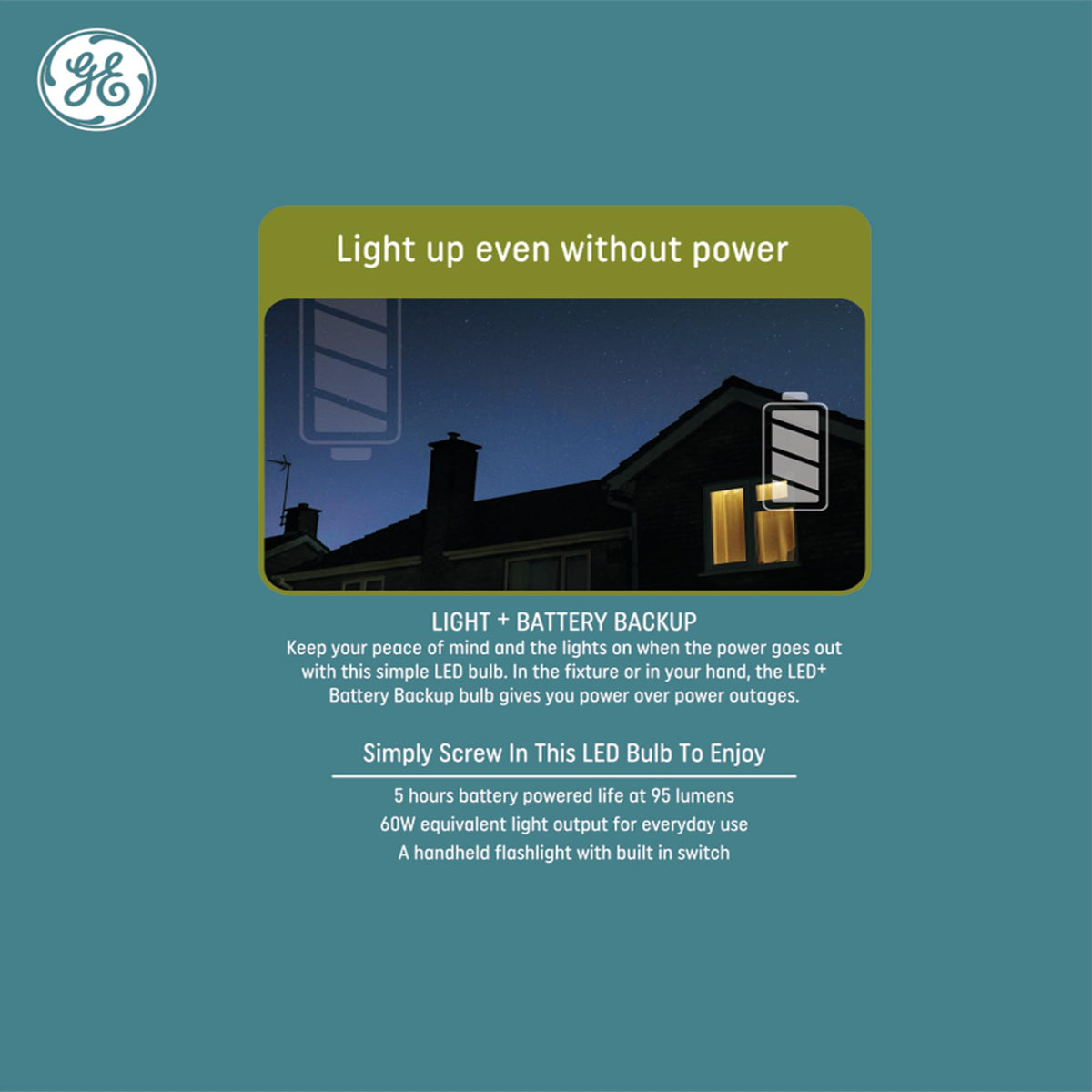 GE LED+ Battery Backup bulb glows at 650 lumens during outage