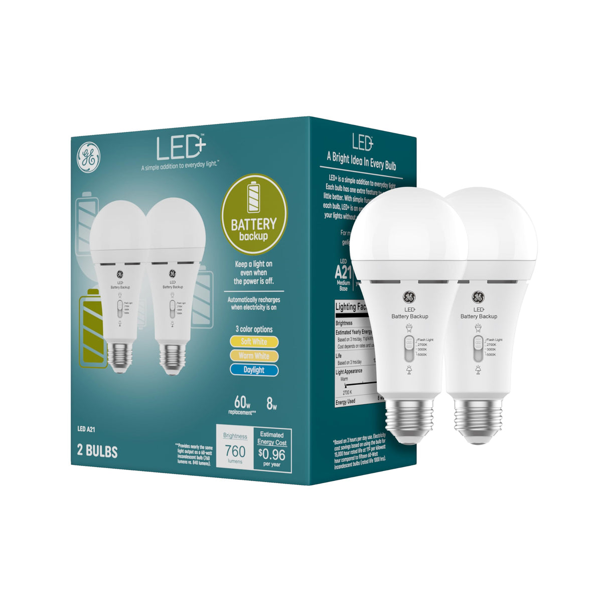GE LED+ Battery Backup bulb in socket ready for daily use and outages