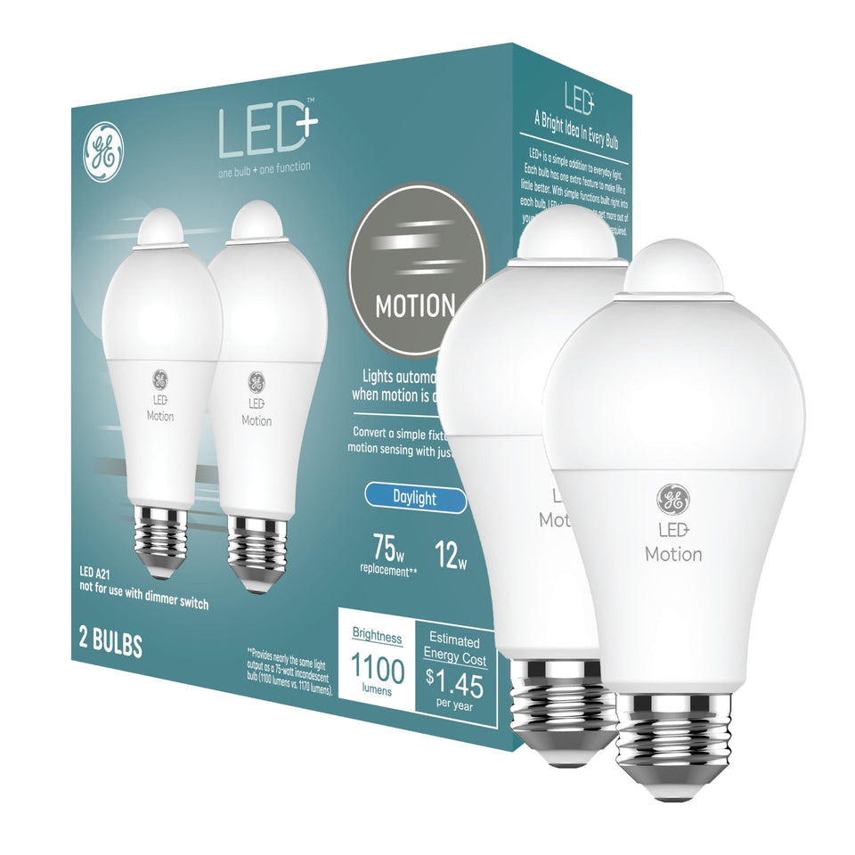 GE LED+ motion sensor light bulb angled view for hands-free hallway lighting