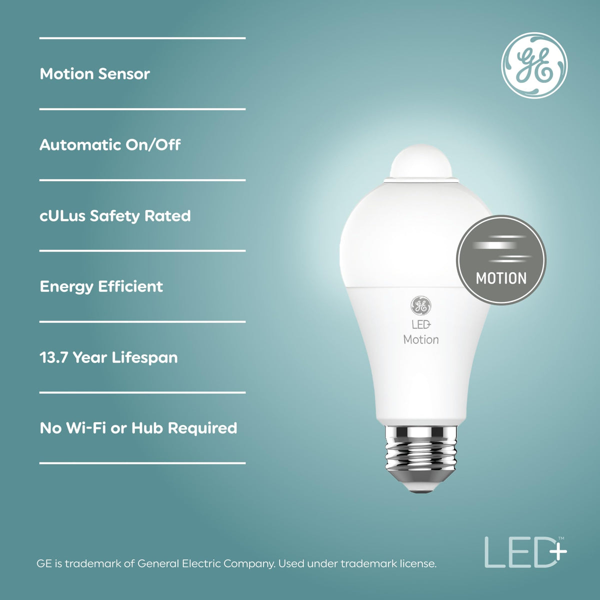 GE LED+ motion sensor light bulb in use near doorway for automatic night lighting