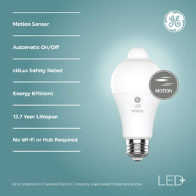 GE LED+ motion sensor light bulb in use near doorway for automatic night lighting