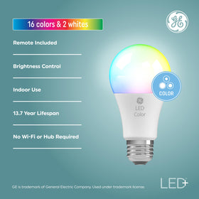 GE LED+ color-changing bulbs displaying 16 colors for versatile ambiance