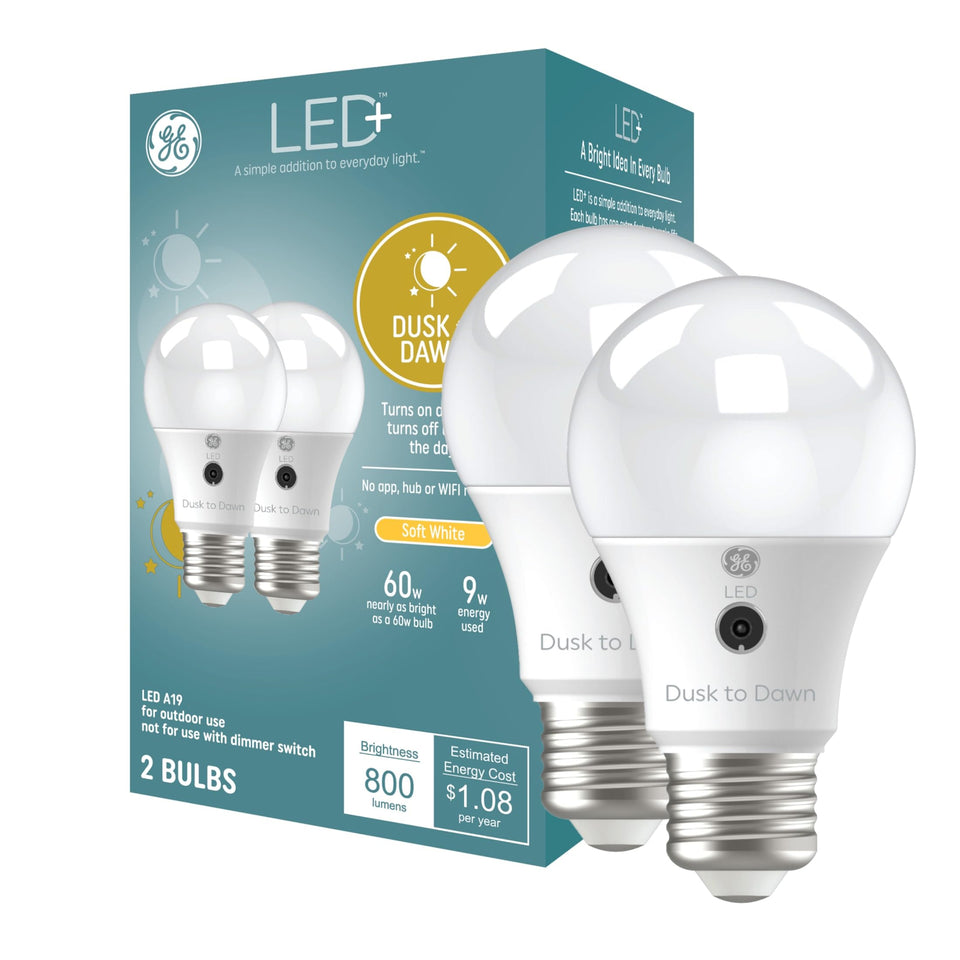 GE LED+ Dusk to Dawn A19 bulb in outdoor fixture providing secure exterior lighting