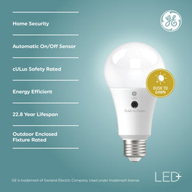 GE LED+ Dusk to Dawn A21 bulb showing sensor activation outdoors