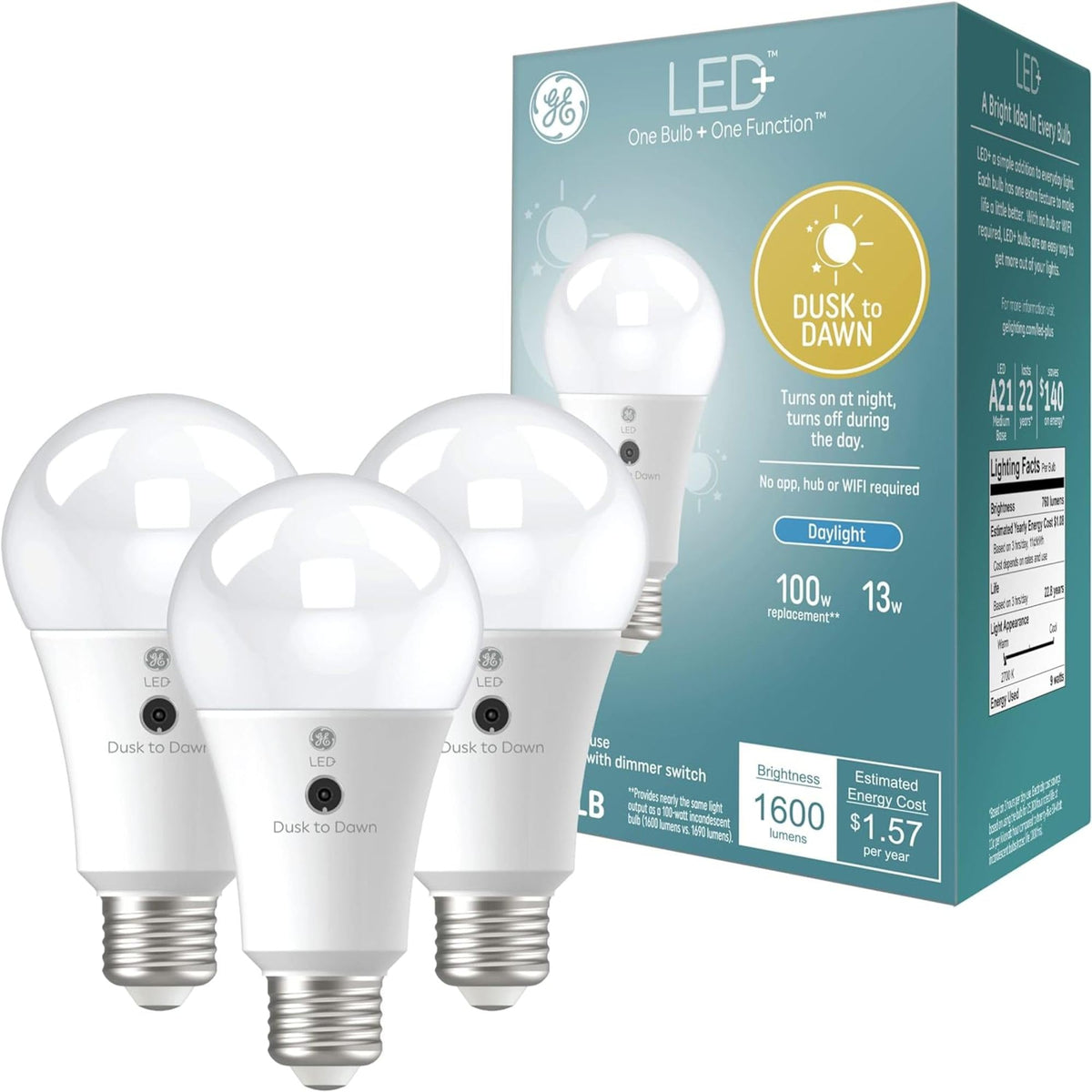 GE LED+ Dusk to Dawn A21 bulb in outdoor fixture with automatic dusk to dawn operation
