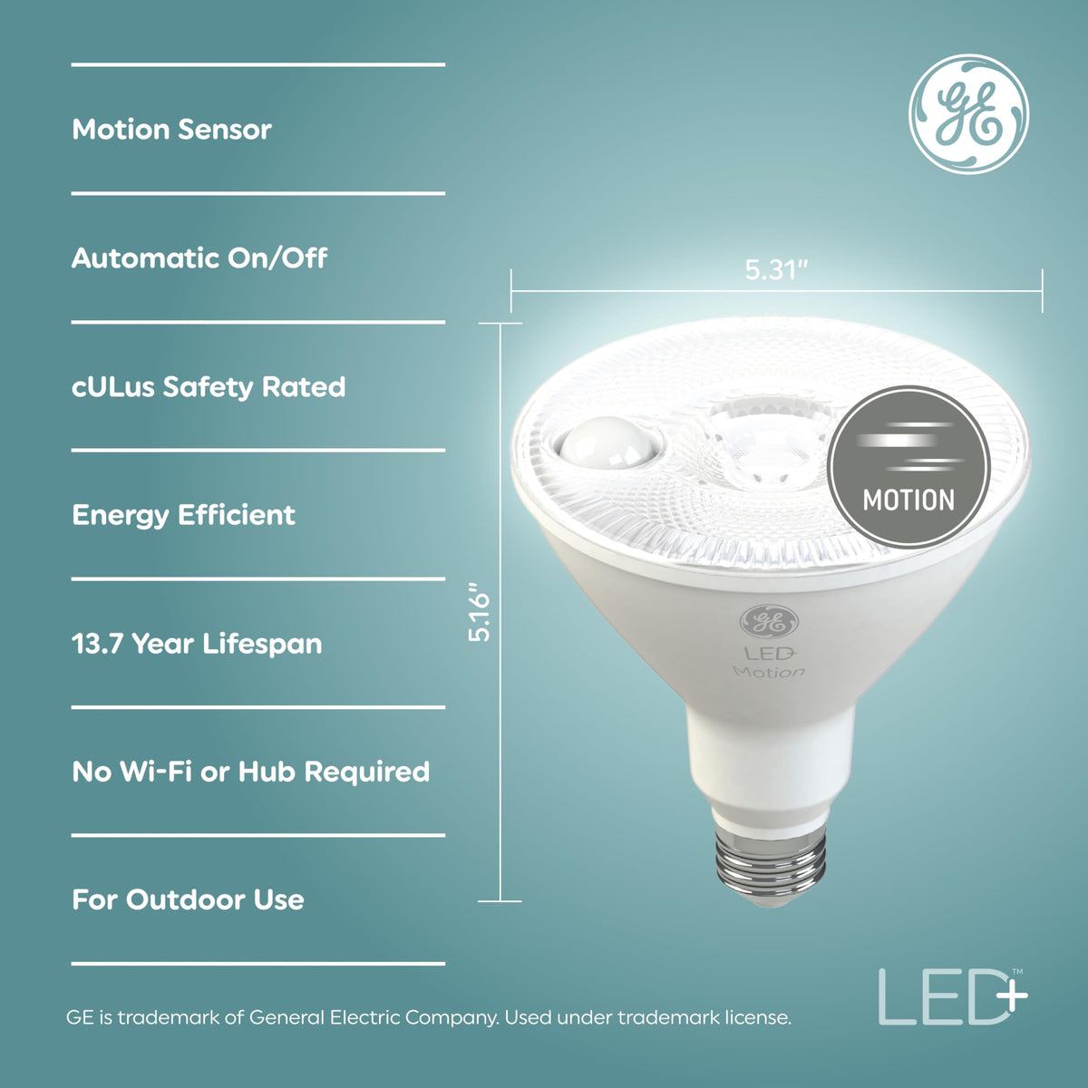 GE LED+ motion sensor PAR38 bulb activates with motion for secure nighttime visibility
