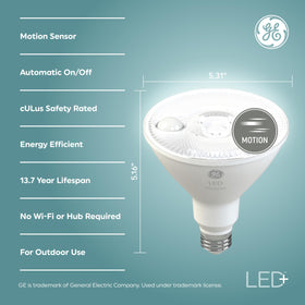 GE LED+ motion sensor PAR38 bulb activates with motion for secure nighttime visibility