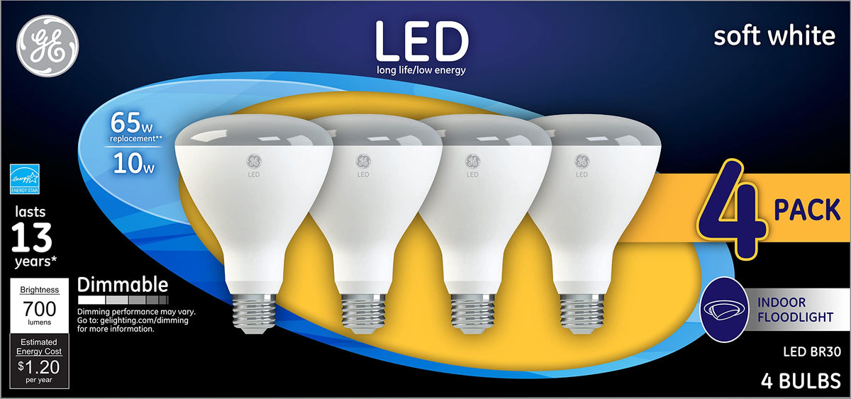 GE LED floodlight BR30 dimmed, showcasing soft white illumination in a living space.