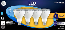 GE LED floodlight BR30 dimmed, showcasing soft white illumination in a living space.