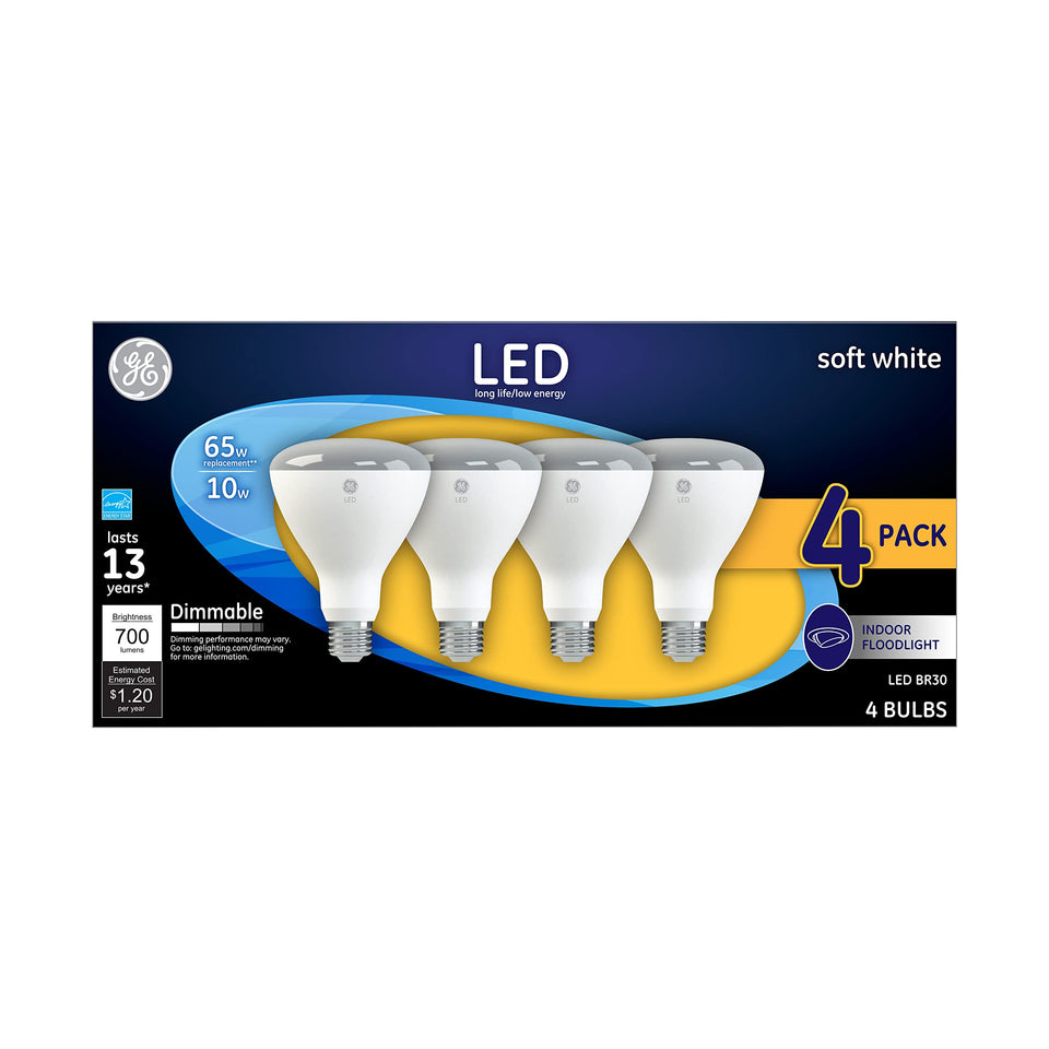 GE Lighting LED indoor floodlight BR30 bulb with soft white finish, dimmable for cozy rooms.