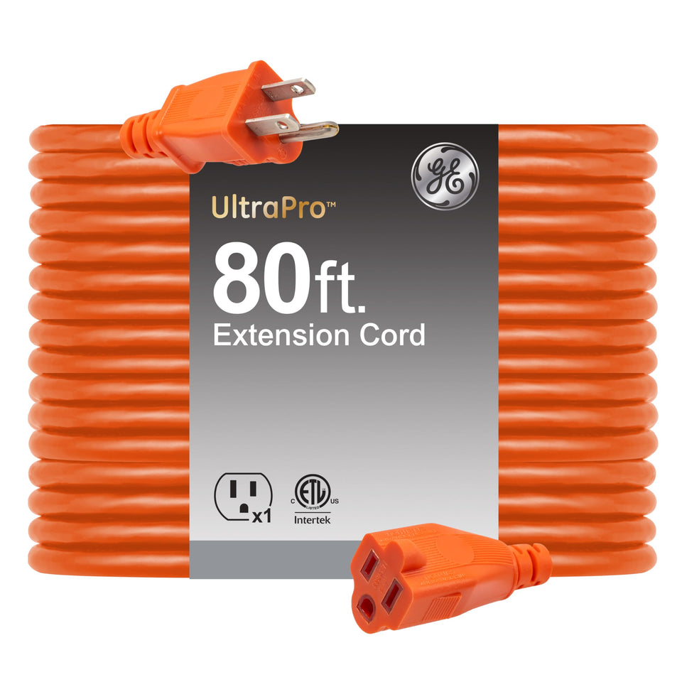 GE Outdoor 80 ft orange extension cord with high visibility for yard power access