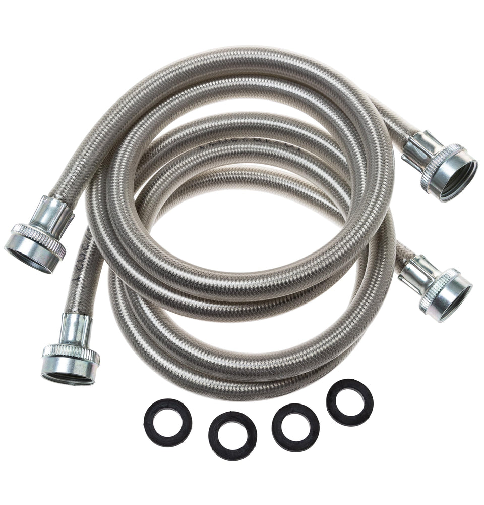 GE PM14X10005 stainless steel washing hoses, 4ft, durable connections for laundry setup.